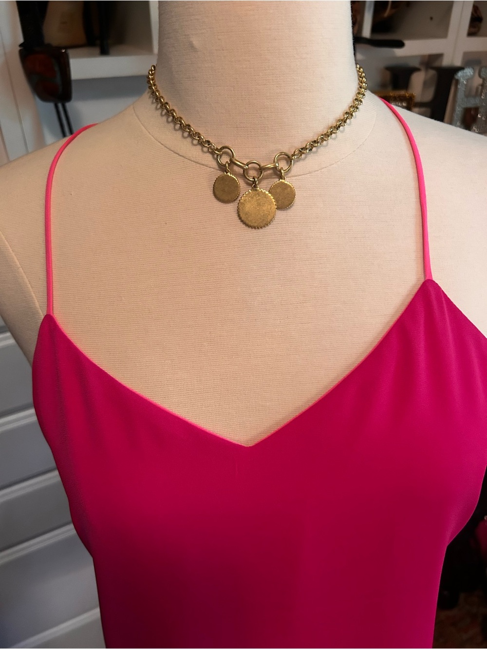 Express Gold Tone Coin Pendant Chain Necklace with Hot Pink Accent